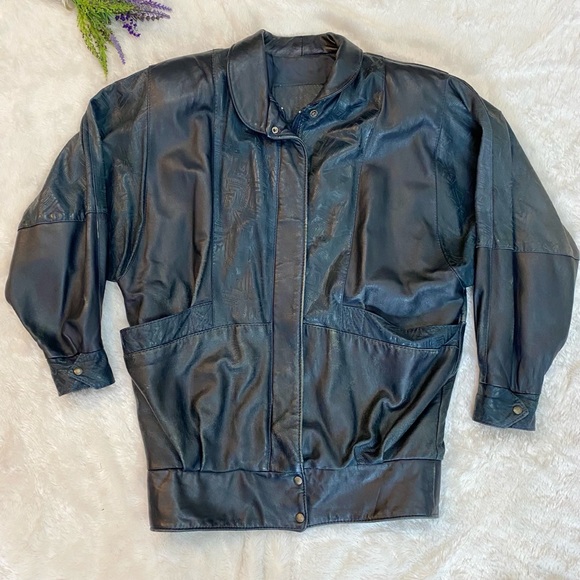 VINTAGE 80s Etched Navy Blue Leather Jacket - Picture 2 of 8